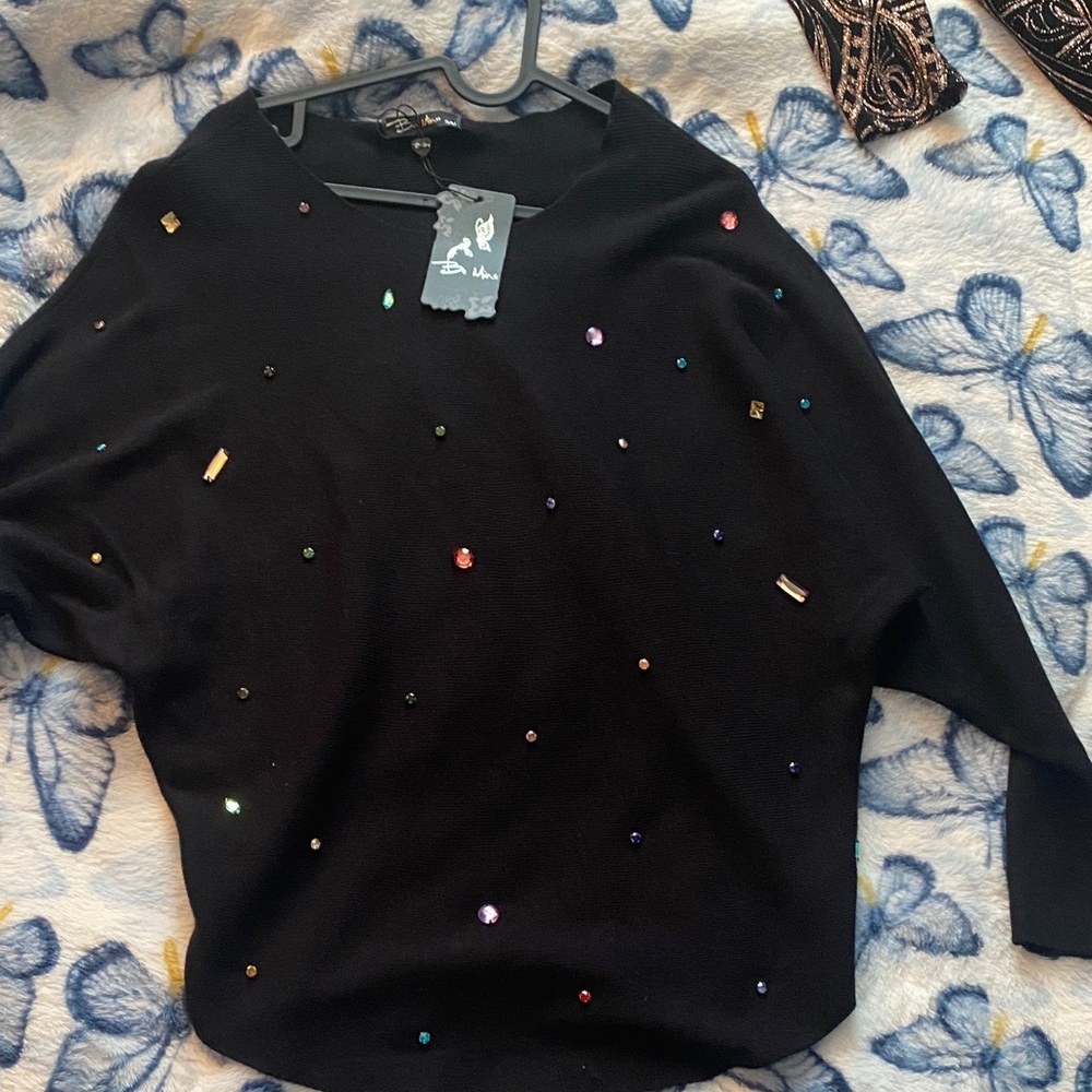 Chic Black V-Neck Sweater with Colorful Embellishments